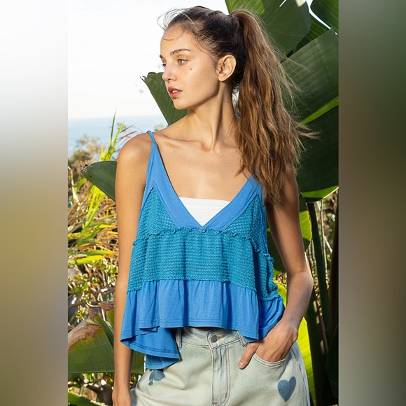 POL Pacific Blue Soft Waffle Knit Babydoll Tank Top | Adjustable | Lightweight - Picture 1 of 4